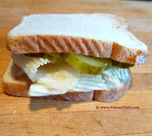Potato Chip Sandwich with pickles on white bread